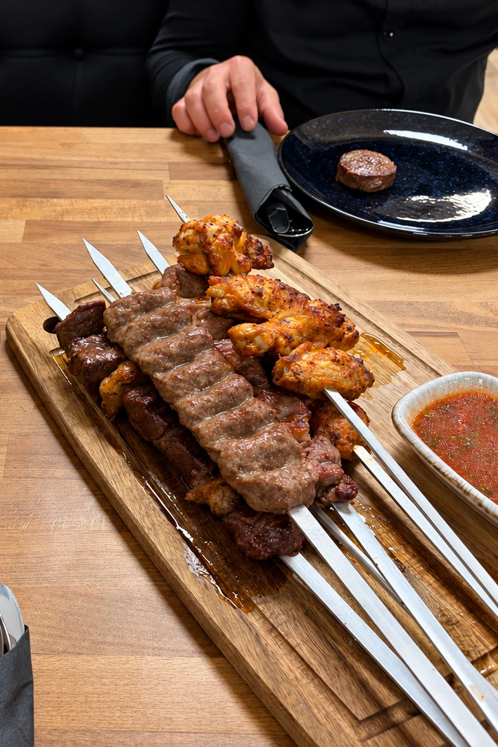 Grilled skewers and salad shared around the table