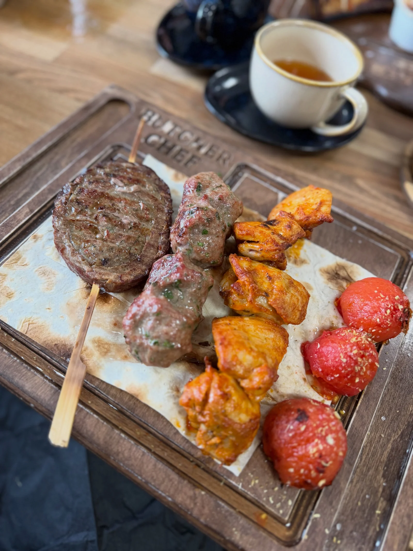 Butcher Chef kebabs with grilled tomatoes and peppers